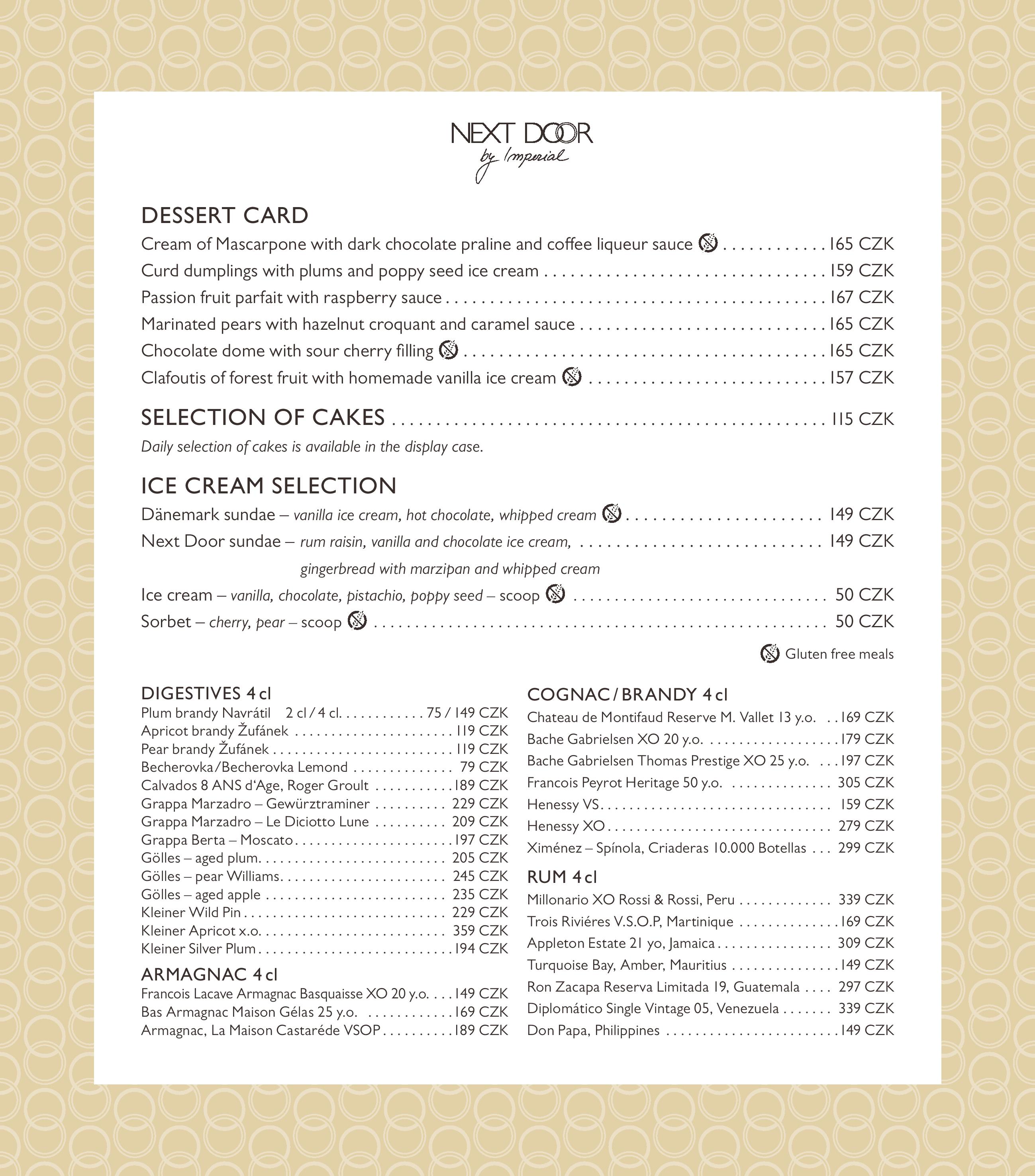 Dessert menu Next Door by Imperial